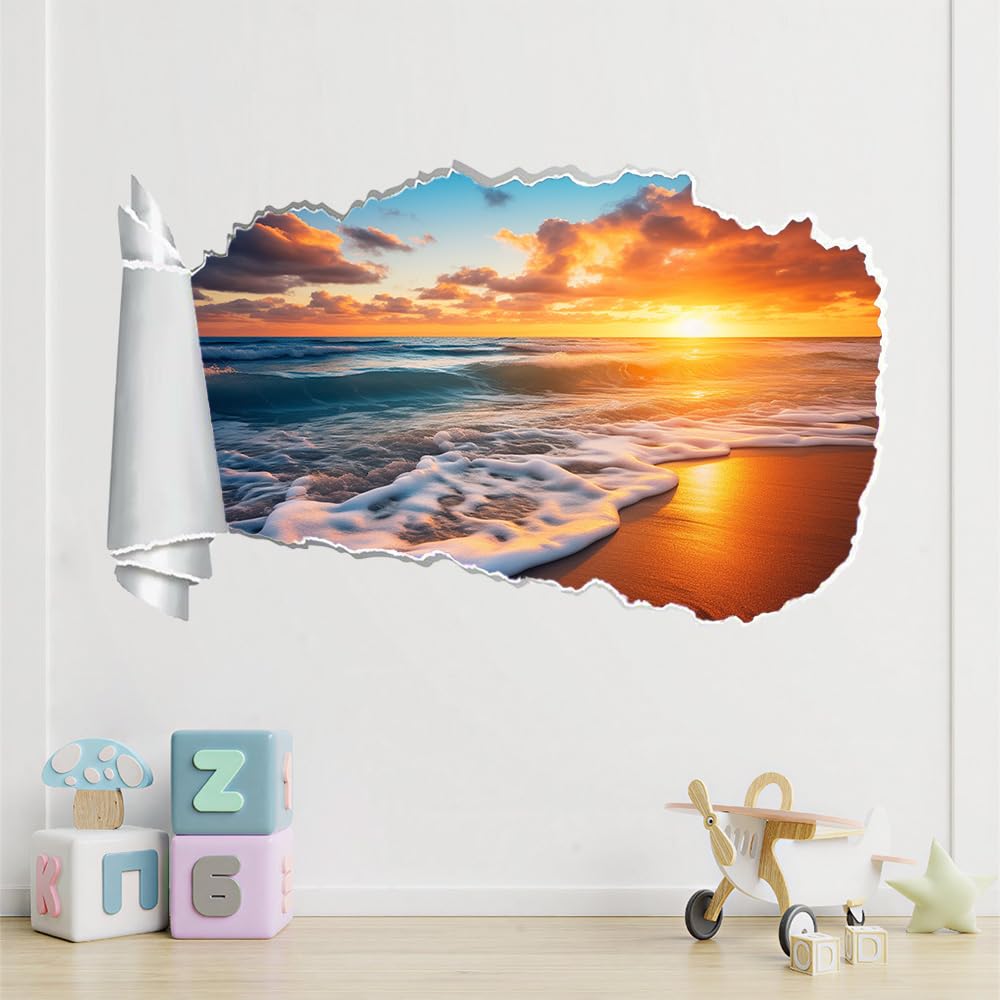 3D Durchbruch Wandtattoo Mädchen Kinderzimmer Sonnenuntergang Am Strand Wandaufkleber Dekorative Landschaft Wandsticker für Junge Teenager Zimmer Wohnzimmer Schlafzimmer Wandbilder Deko