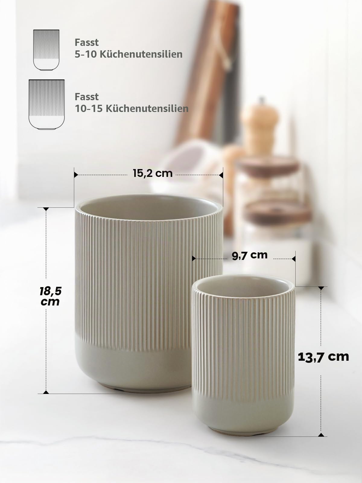 LE TAUCI Küchenutensilienhalter, 18,5+14 cm Keramik Utensilienhalter Küche, Große Küchenhelfer-Halter für die Küchenplatte, Moderner Organizer für Pfannenwender, 2er-Set, Natur-Greige