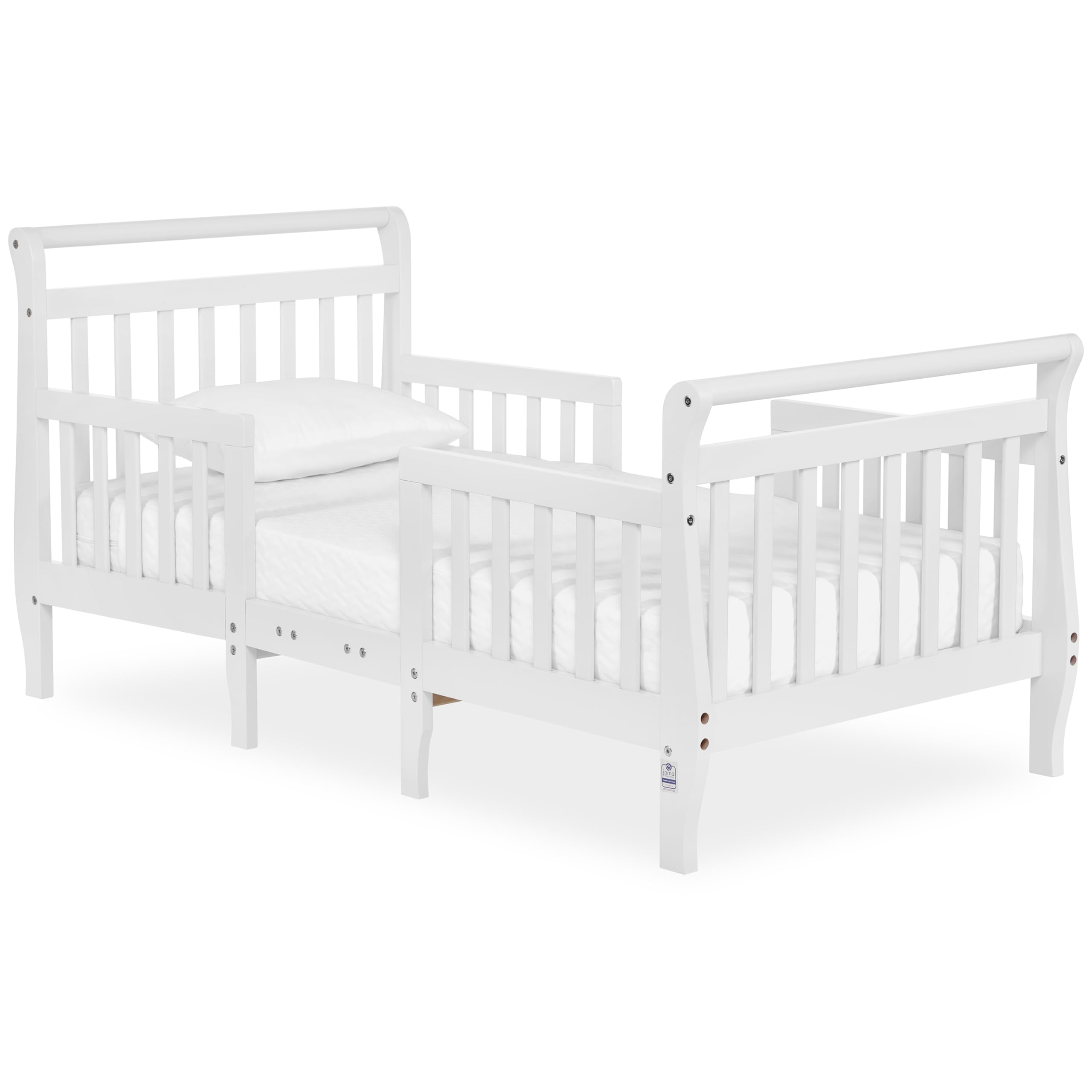 Dream On Me Emma 3-in-1 Convertible Wooden Toddler Bed in White, Baby Safety Alliance Certified, Low-to-Floor Design, Solid Pinewood with Safety Rails