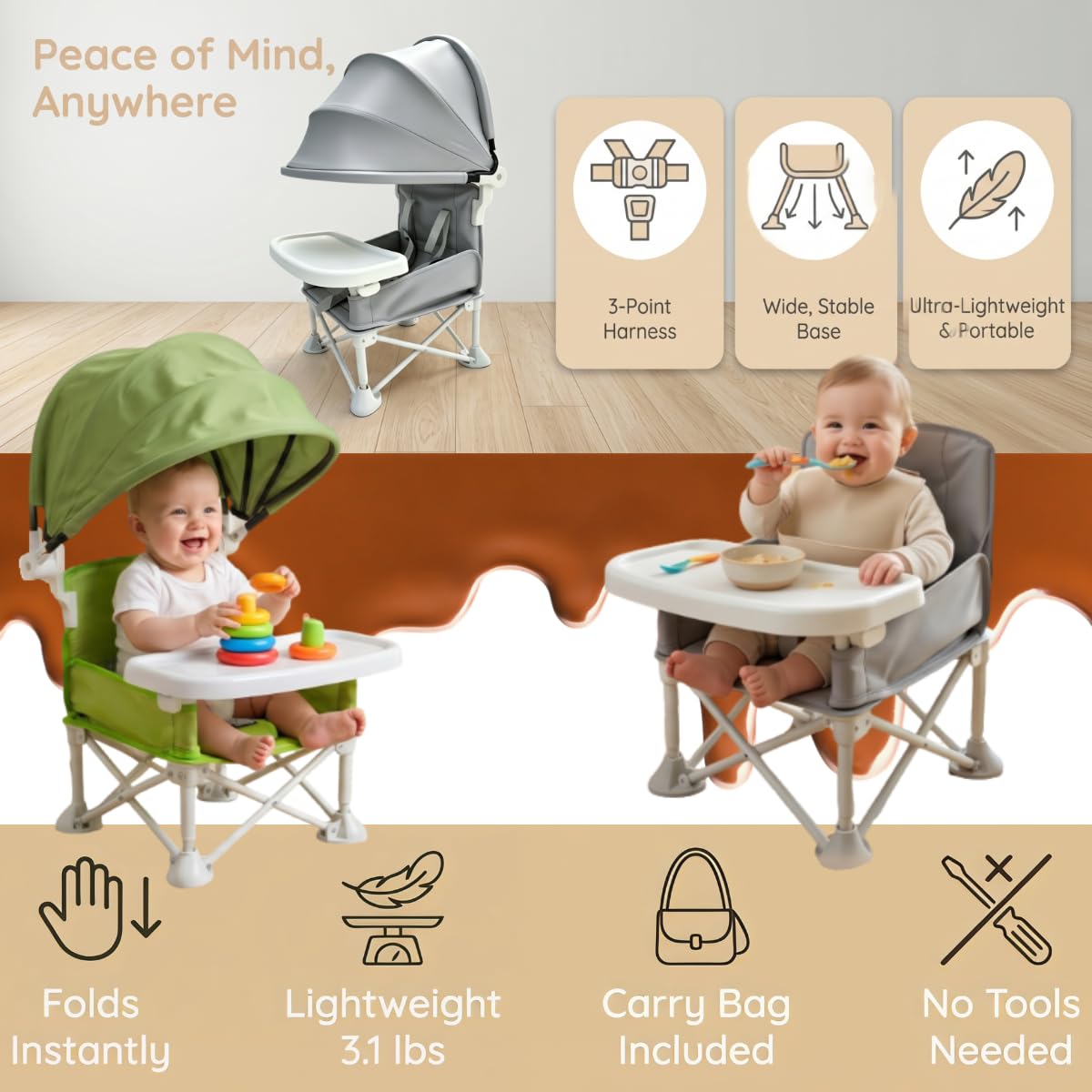 Siège de voyage pliable pour bébé avec position assise surélevée, chaise d'alimentation pour enfants, tout-petits et nourrissons avec plateau amovible et parasol amovible (crème)