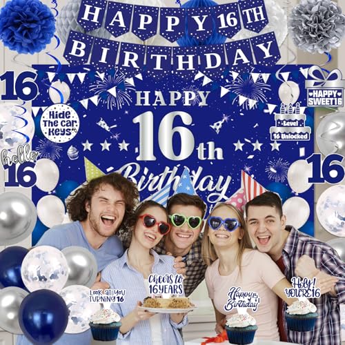 Image of 16th Birthday Decorations for Boys Girls, Blue Silver Sweet 16th Birthday Party Decorations, Happy 16th Birthday Backdrop, Banner, Balloons, Pompoms, Hanging Swirls, Birthday Card, Cake Topper 54pcs
