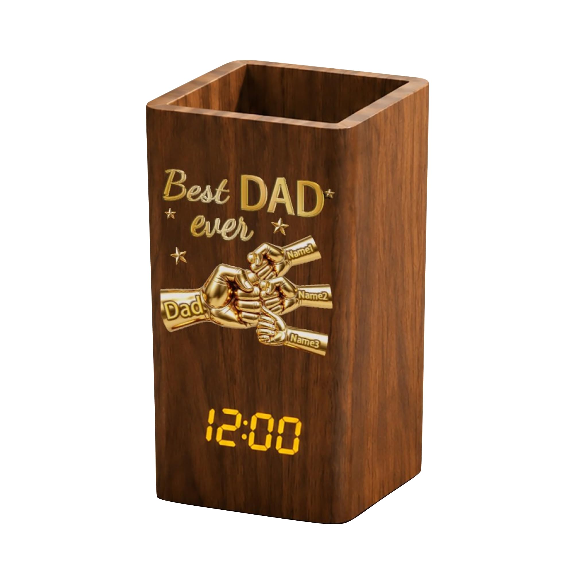 BFHEFGSUU Personalised Best Dad Ever Fist Bump Pencil Pot With Clock Custom 1-10 Names Funny Clock Pen Holder Desktop Decor Gift Dad Couple Family Father's Day Birthday Xmas (S 13)