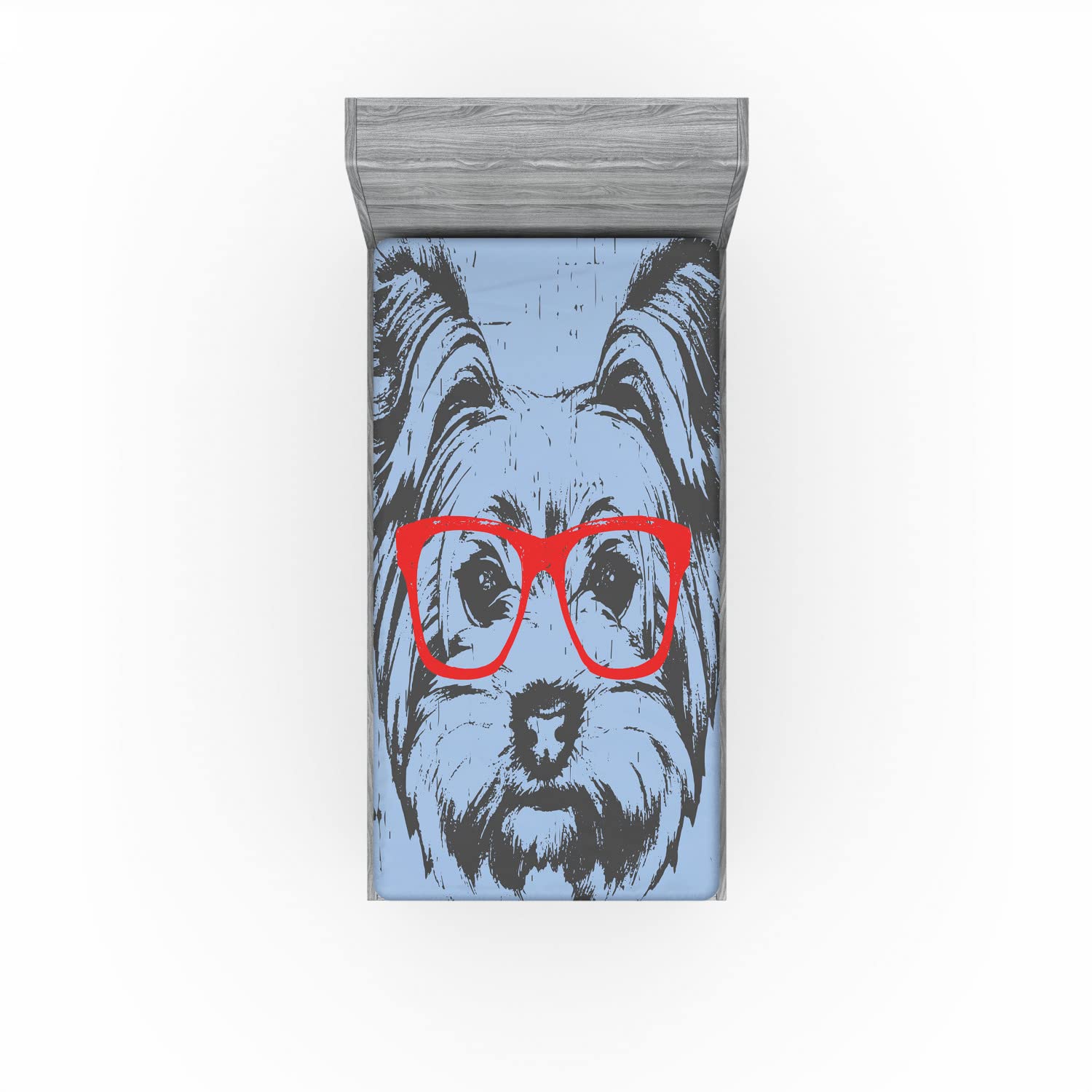 Ambesonne Yorkie 2 Pack Fitted Sheet, Fun Portrait Red Glasses, Bed Cover All-Round Elastic Deep Pockets 2 Pieces, Package Contains 2 Twin Size Fitted Sheets, Blue Grey