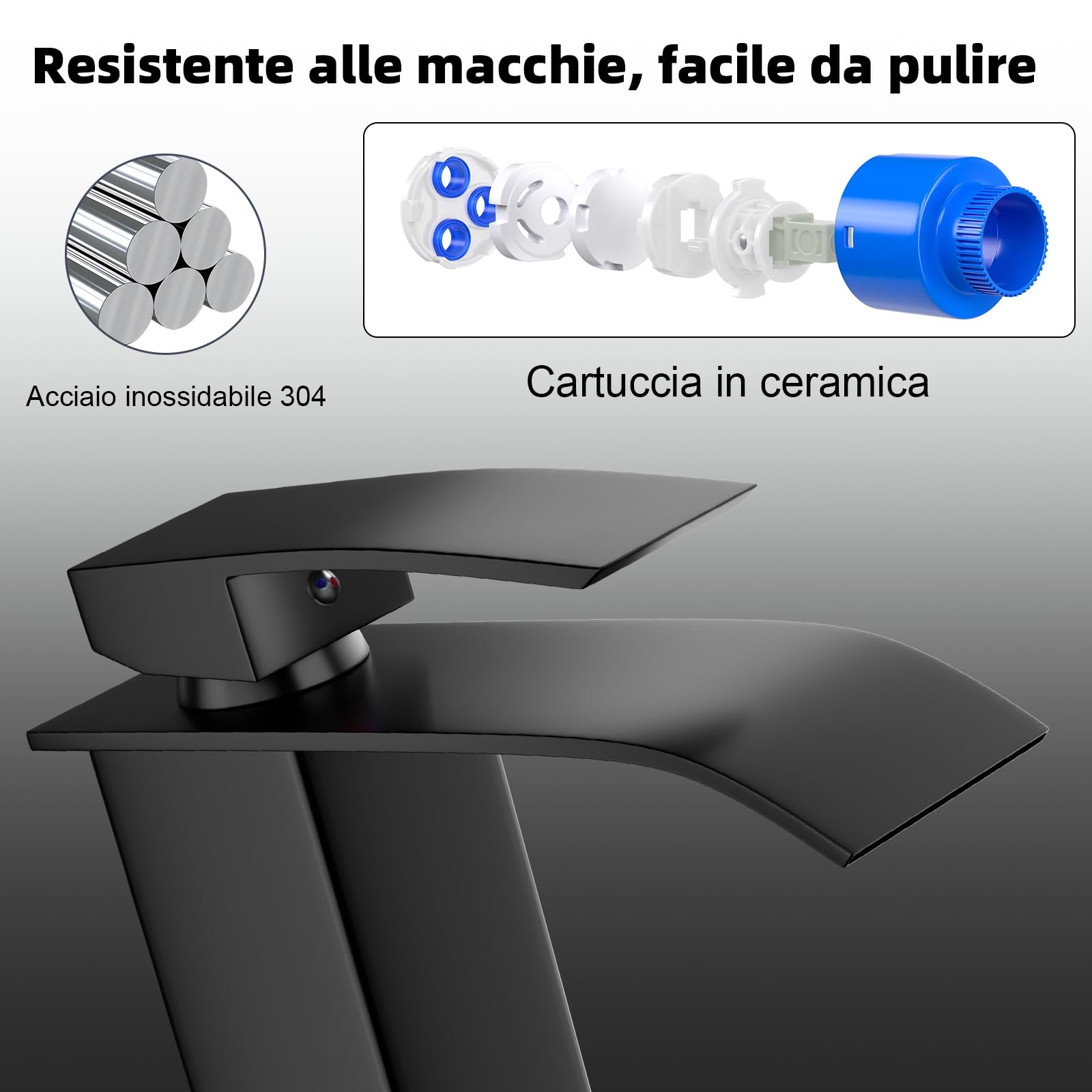 VOLTIX Rubinetto per Bagno a Cascata - Miscelatore Monocomando per Lavabo con Risparmio Idrico - Regolabile per Acqua Calda e Fredda - Rubinetto Lavabo Moderno Design Elegante per Bagno (Nero/Alto)
