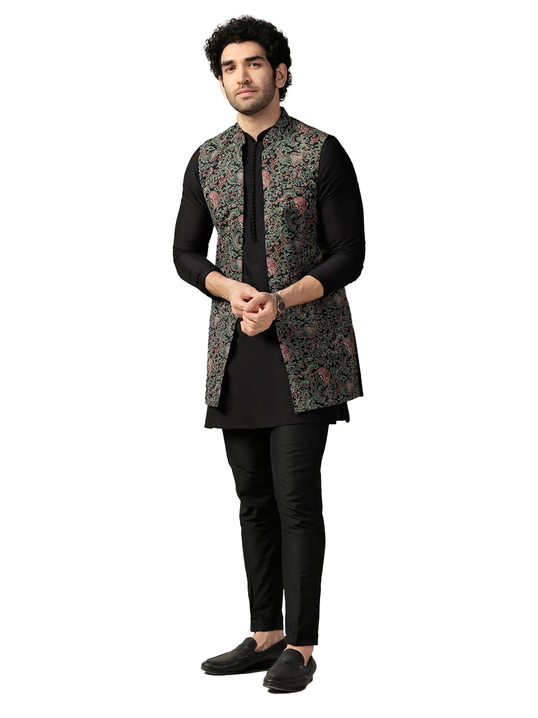 Kisah Men's Kurta Jacket Trouser Set, Multi Cotton Blend, Printed Regular Fit Mandarin Collar Long Sleeves|38