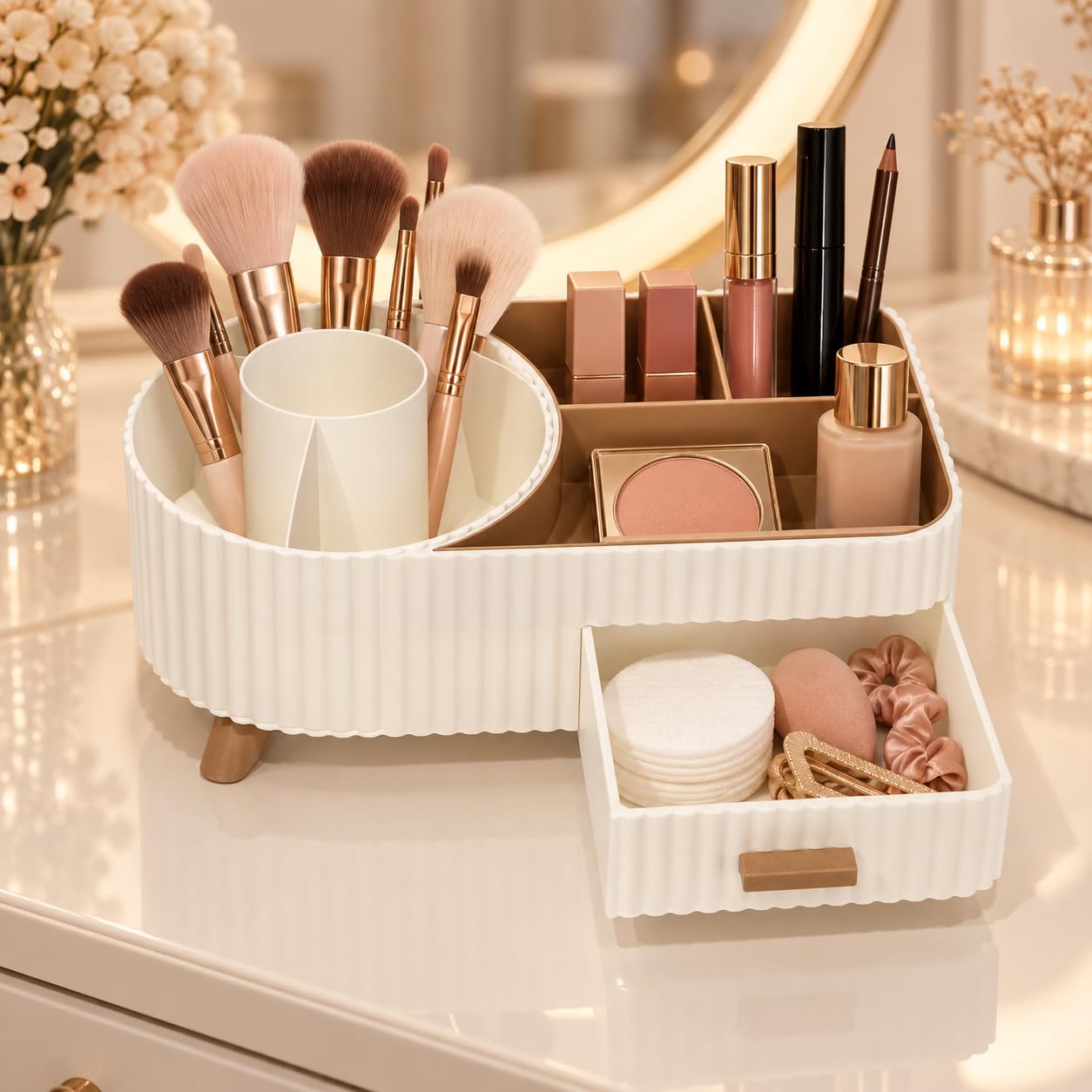 Bellatonni Organizador de Maquillaje Giratorio Beige con Cajón