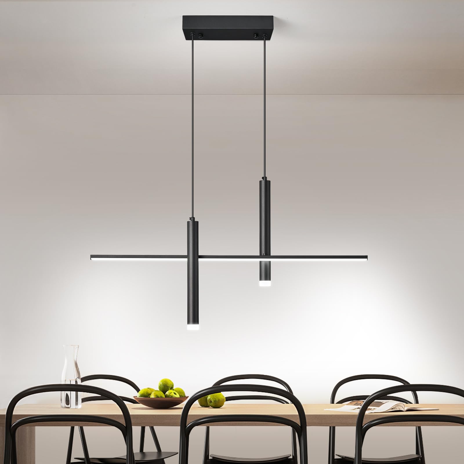 BNHHLZ Modern LED Linear Pendant Light with Dual Spotlights Dimmable 6000K Pendant Lights Kitchen Island Ceiling Hanging Black Chandeliers for Dining