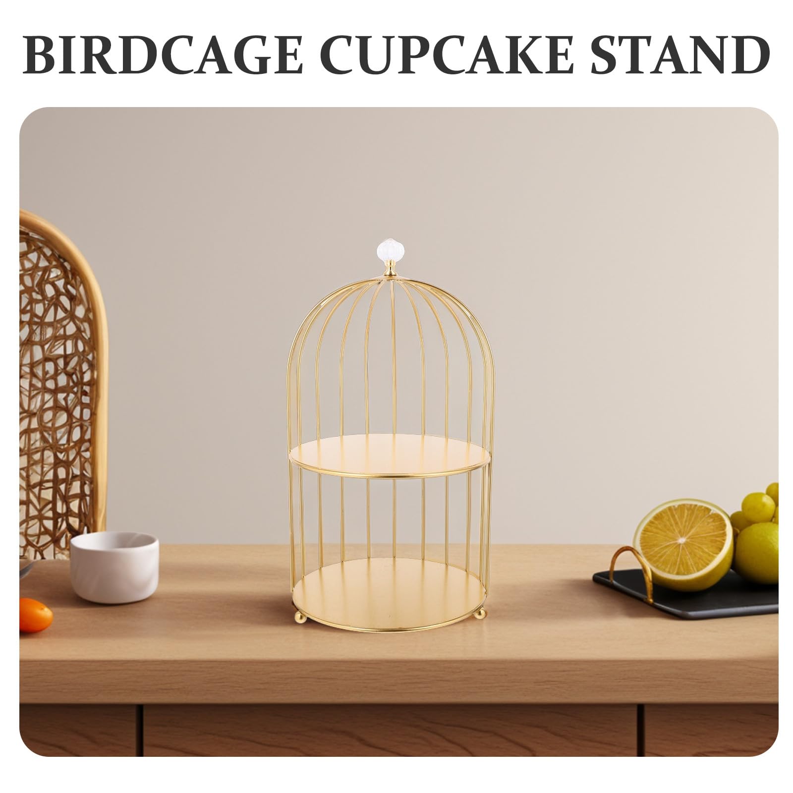 Vintage Vogelkäfig Kuchenständer aus Eisen 2 stöckig Goldfarbener Stabiler und Eleganter Dessertständer für Cupcakes bei Hochzeiten und Events