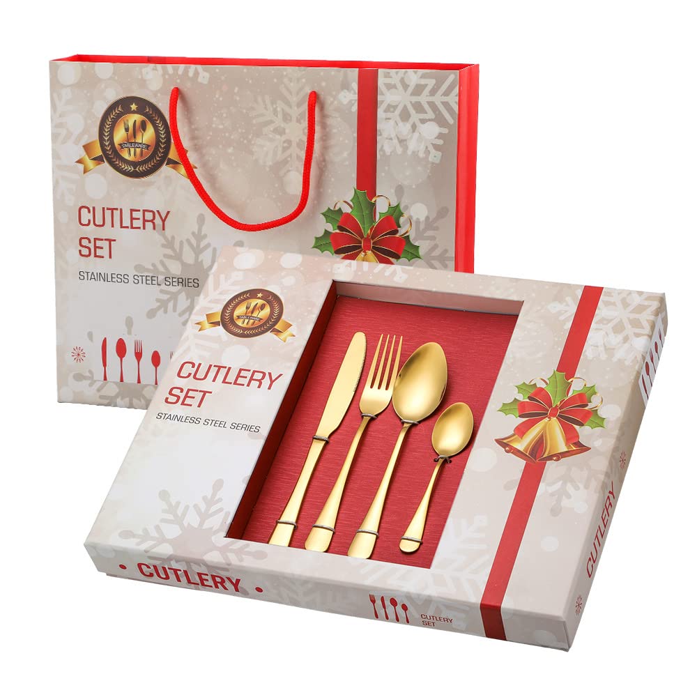 Stainless Steel Cutlery Set, 24-piece Silverware Set, Service for 6, Knives/Forks/Spoons/Teaspoons Gift Box Package (Gold)