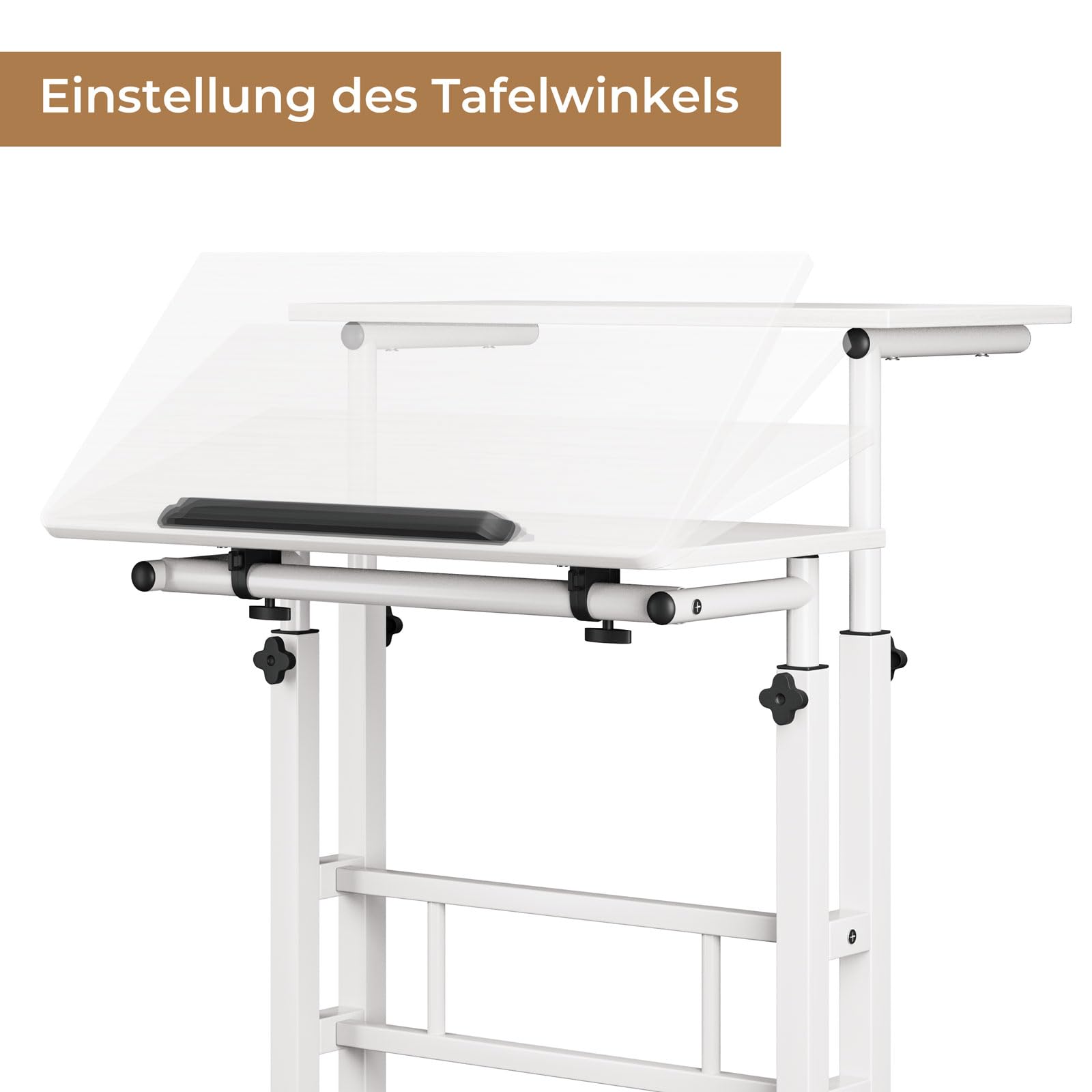 Dripex 60x60cm Stehpult Höhenverstellbar Schreibtisch, Mobiler Computertisch mit 4 Rollen, Steh-Sitz Tisch Laptoptisch neigbar Tischplatte, für Zuhause Büro,Weiß