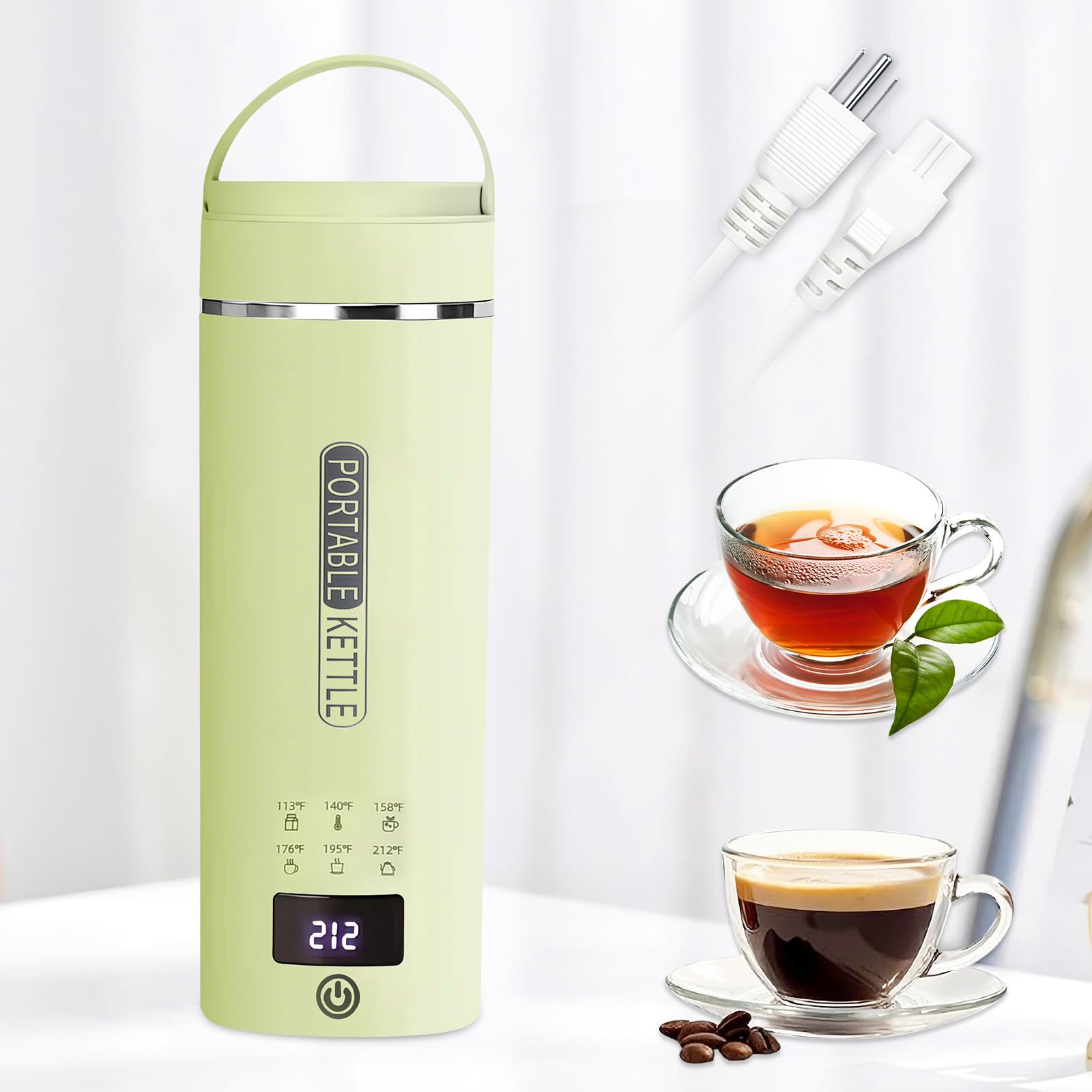 Bouilloire électrique de voyage verte avec écran LCD, 6 réglages de température, 450 ml, acier inoxydable 304, arrêt automatique et protection contre l'ébullition à sec, bouilloire électrique compacte