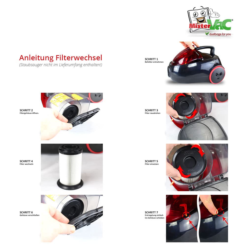 MisterVac Filtro Di Ricambio Per Progress Stuttgart Bagless PC1820 – Cartuccia Filtro Polvere Fine Per Aspirapolvere