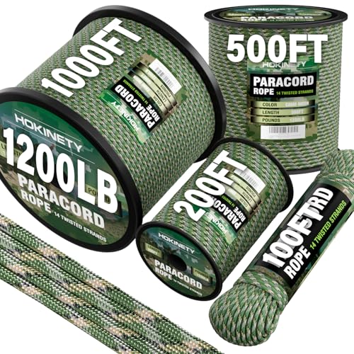 HOKINETY 1200 Paracord Rope - 4.4mm 14 Strand Nylon Parachute Spool para Cord Lanyard for Outdoor Camping Survival Utility Tent Crafting DIY Projects Fishing Clothsline Bracelet - Camo Green 100FT