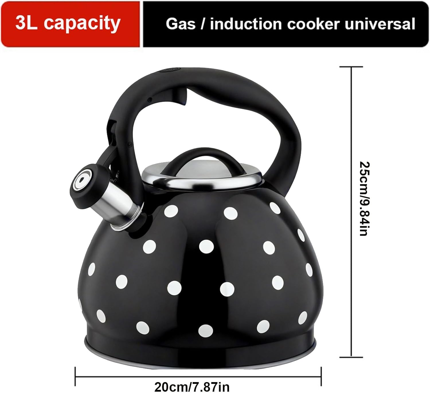 Tea Kettle, 3.2 Quart Teapot for Stove Top, 304 Stainless Steel Whistle White Polka Dot Tea Pot