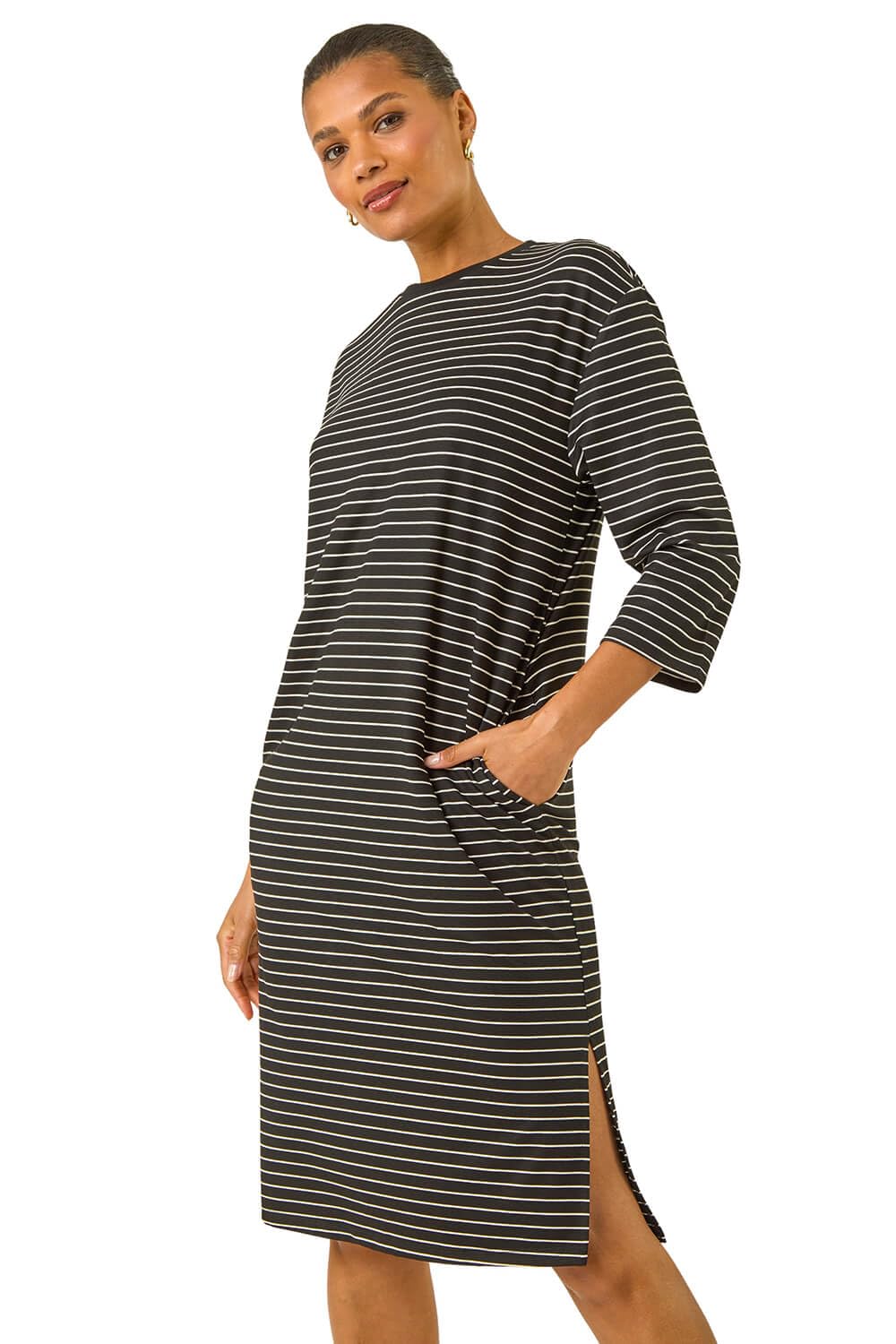 Roman Originals Women's Black Stripe Jersey Stretch T-Shirt Dress For Uk - Everyday Autumn Winter Round Neckline Comfy Soft Evening Vacation Work Party Night Out - Size 18