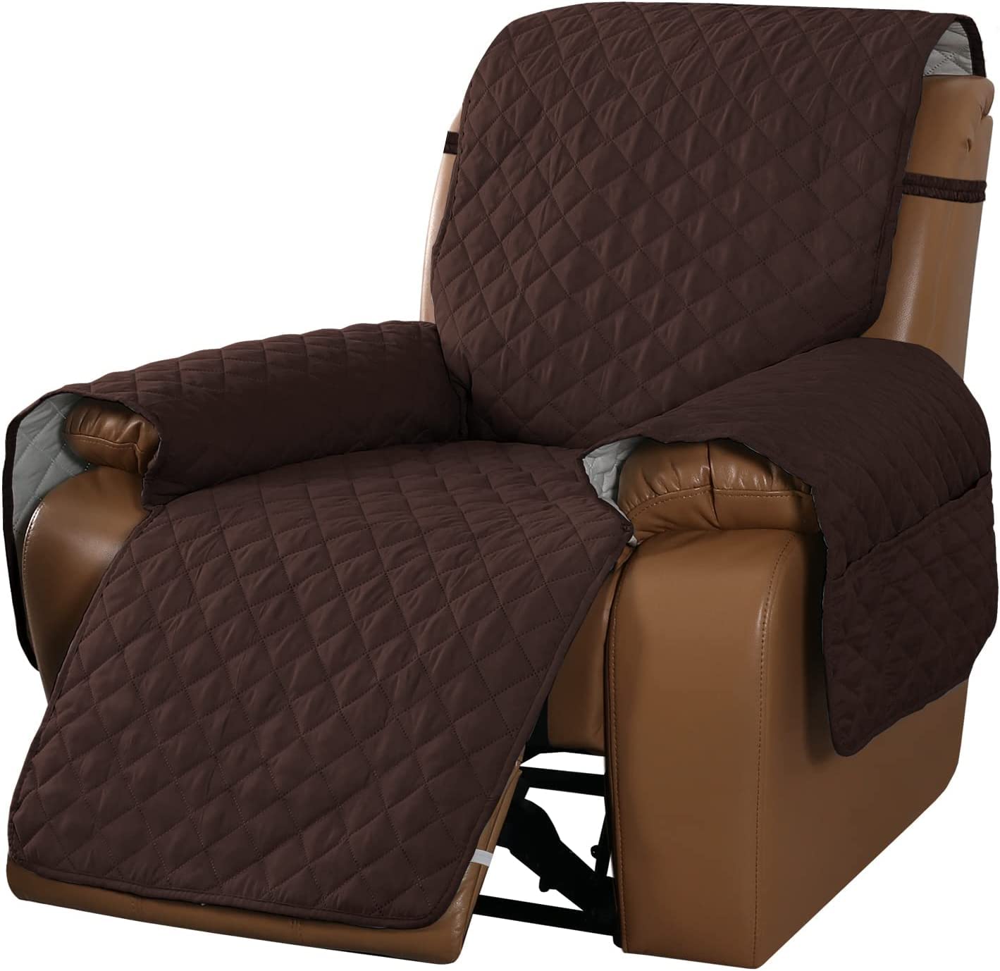 Non-Slip Recliner Chair Cover, Reversible Sofa Slipcover With Elastic Adjustable Strap, Washable Furniture Protector for Reclining Armchair (Brown)