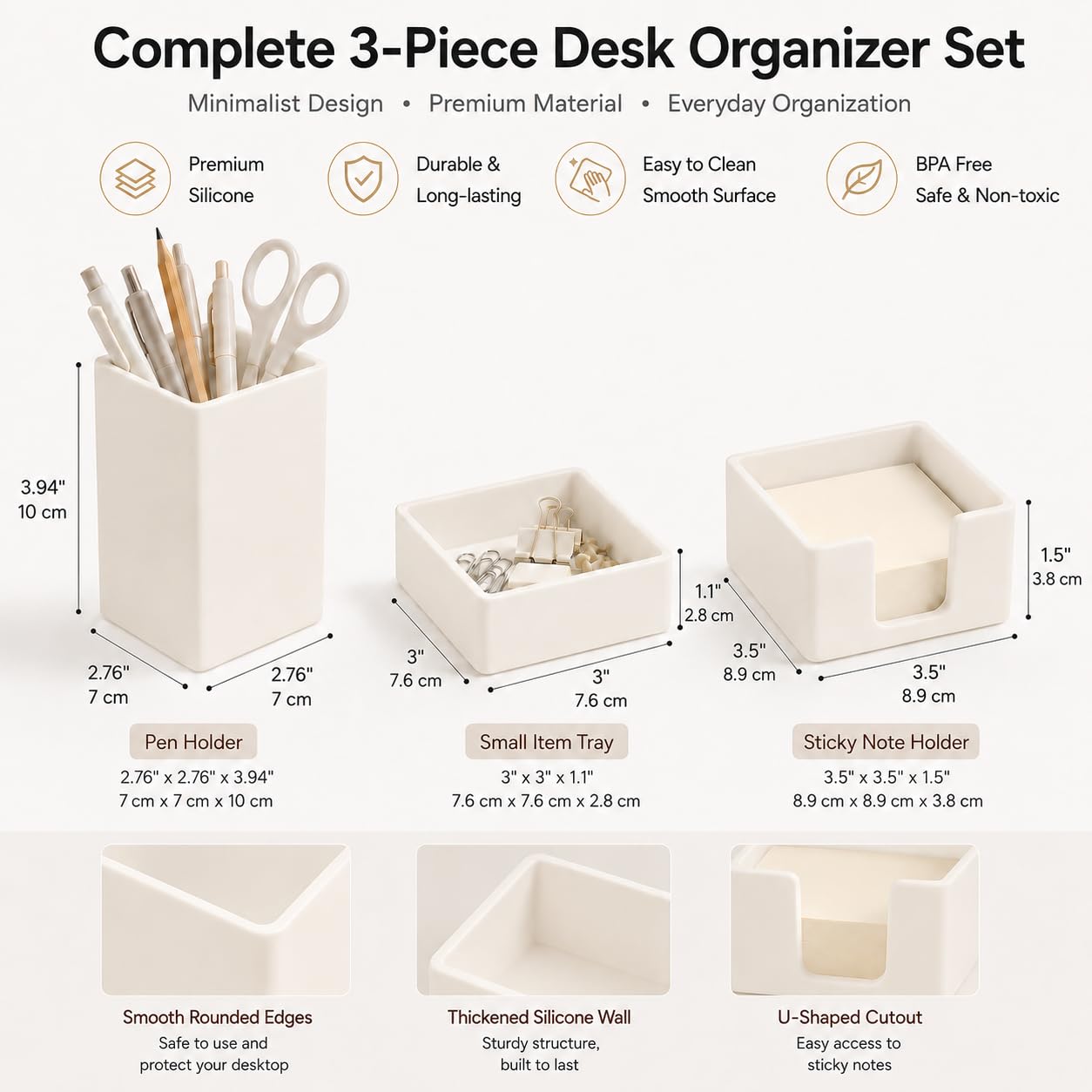 minimaliving ästhetisches Silikon-Schreibtisch-Organizer-Set,3-teilig,modernes Büro-Stifte Organizer mit Stiftehalter,Büroklammern-Ablage,Haftnotizhalter,stilvolle funktionale Büro Organizer(Beige)
