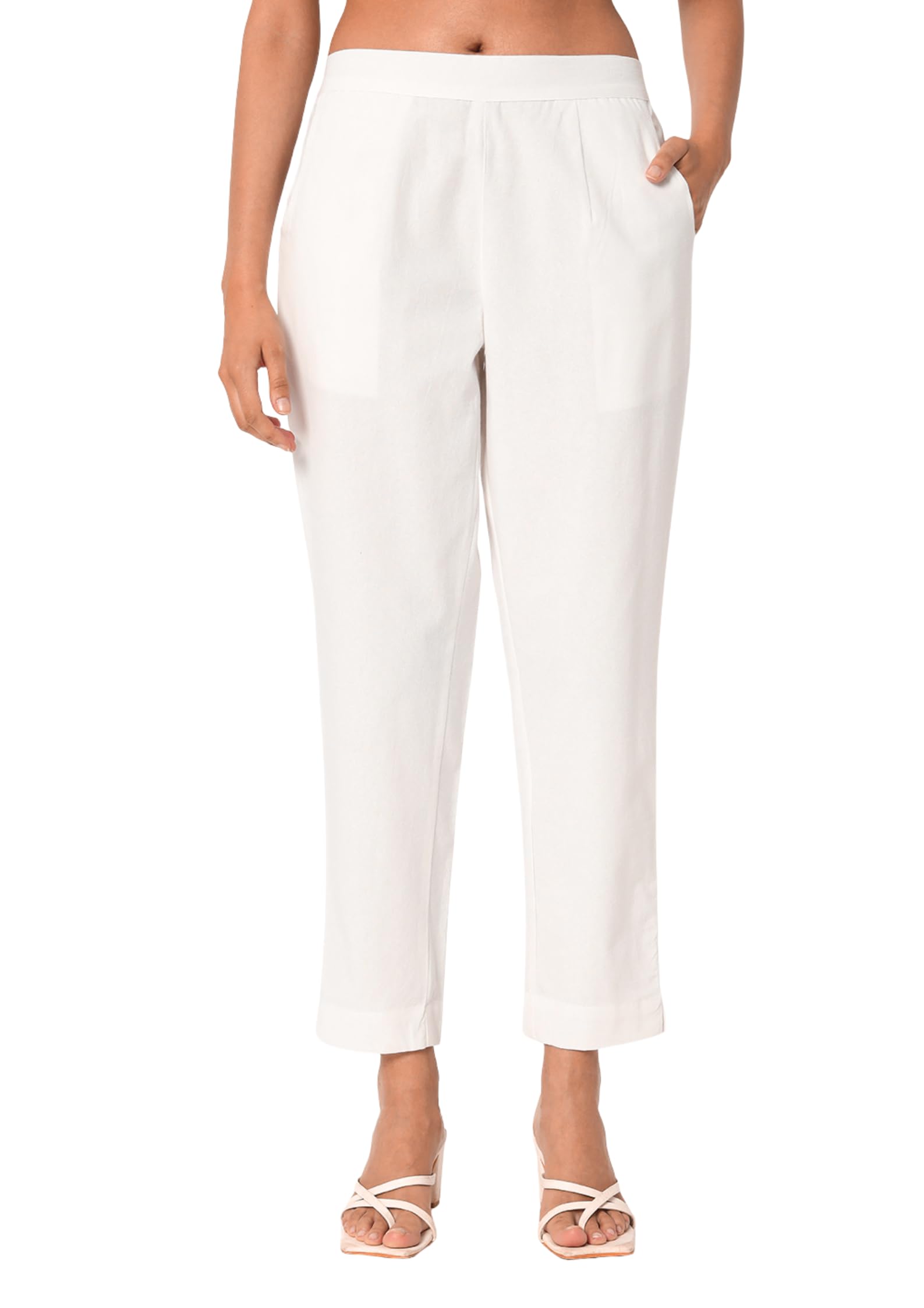 safed dhaga Women's Solid Straight Fit Cotton Blend Trousers | High Waist, Side Pockets, Ankle Length Pants for Office, Casual-picture-39