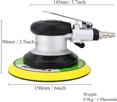 Professional Air Random Orbital Sander, 6-Inch Pneumatic Dual Action Palm Sander/Polisher, 10,000 RPM Variable Speed with Hook & Loop Pad for Auto Body, Woodworking & Metal (Silver, 150mm)