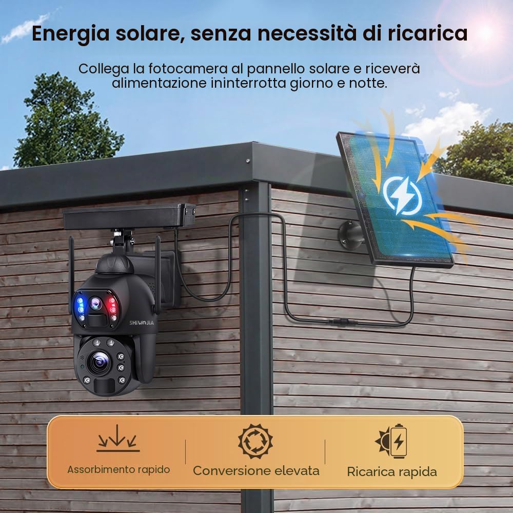 SHIWOJIA 36X Telecamera WiFi Esterno Solar, 6MP 360° PTZ Telecamera di Sorveglianza con Doppia Lente, 100m Visione Notturna a Colori, PIR Smart Detection, Audio Bidirezionale