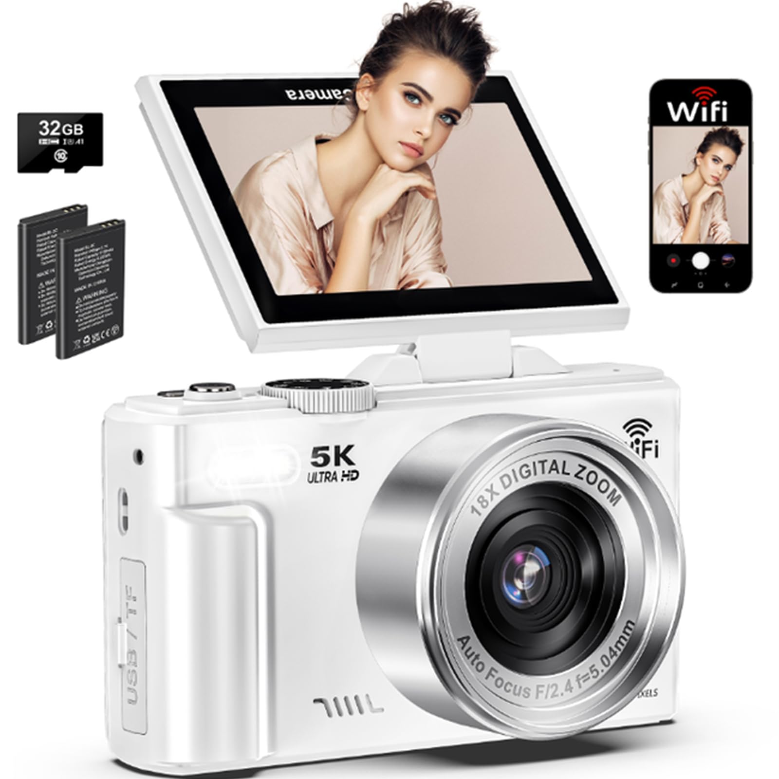 5K Digital Camera for Photography, 75MP WiFi Vlogging Camera for YouTube with 3" 180° Flip Screen, 18X Zoom UHD Autofocus Video Camara with 32GB SD
