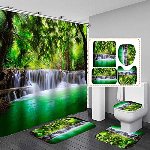 AIDEMEI Forêt Arbre Cascade Flanelle Tapis De Bain Antidérapant Couverture De Toilette Tapis Rideau De Douche avec 12 Crochets Ensemble De Décor De Salle De Bain Vert 180X180Cm
