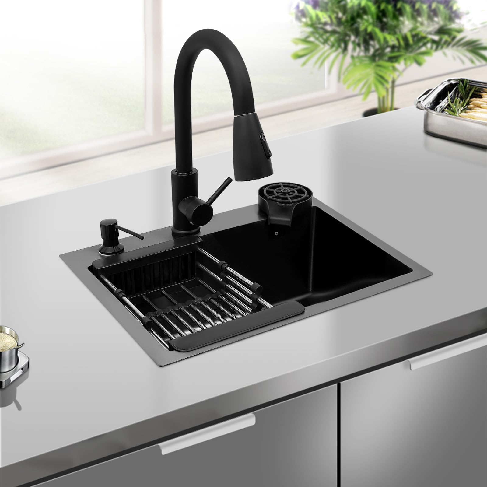 Lavello in acciaio inox nero con rubinetto estraibile e lavastoviglie per tazze, set di lavello multifunzione, 42 x 37 x 20 cm