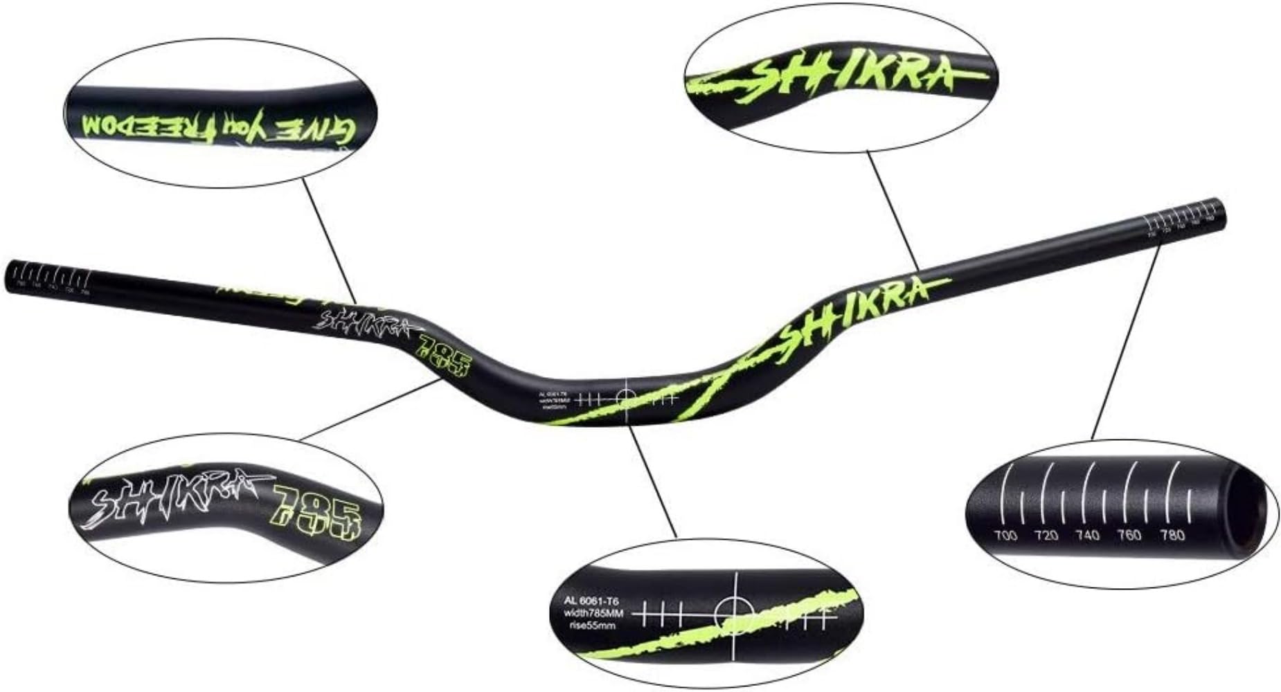 Manubrio per mountain bike da 31,8 mm, altezza di sollevamento 55 mm, in lega di alluminio XC/AM/MTB, 780 mm di larghezza, manubrio MTB (verde)