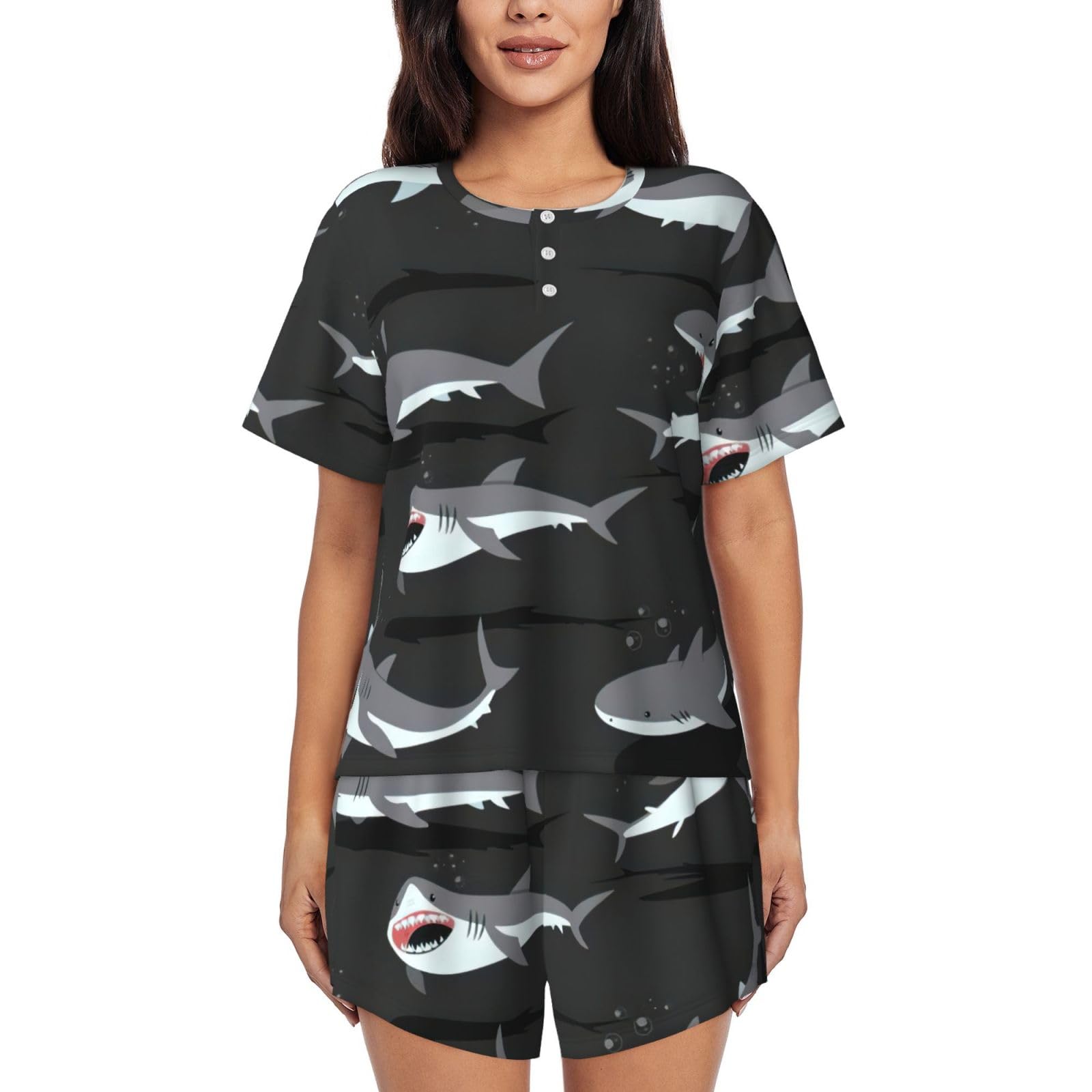 JEJEA Shark print 2 Piece Womens Pajama Set With Pockets Ladies Pjs Summer Sleepwear Set Round Neck Short Sleeve Black
