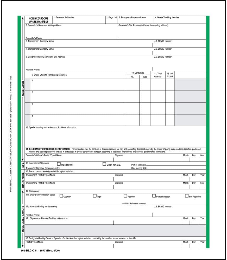 Non-Hazardous Waste Manifest - Pin-Feed Continuous Format, 5-Ply, Carbonless, 9.5” x 11”, English, 500 Pack, J. J. Keller & Associates, Inc.