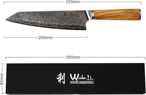 Miniatura 3 de Wakoli Hoja de cuchillo Damasco Chef de 8 pulgadas extremadamente afilada de 67 capas de Damasco japonés genuino con mango de madera de olivo, serie