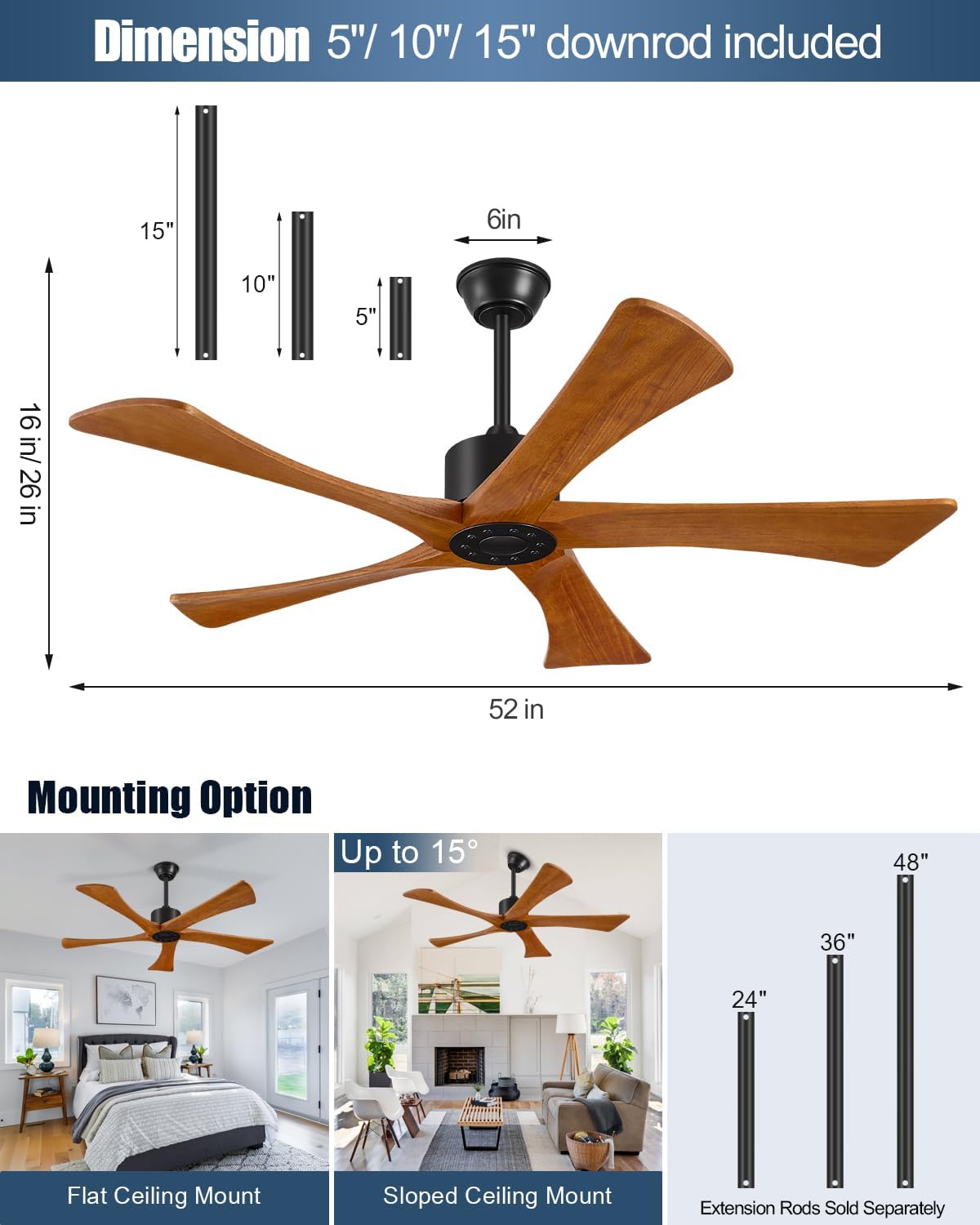 Forrovenco 52 Inch Ceiling Fans Without Lights, USA Original Patent 52" Ceiling Fan No Light, 5 Wood Blades, 3 Downrods, 6 Speeds Quiet DC Motor Outdoor Fans with Remote for Patios, Black and Brown Black and Brown Wood No Light 52"