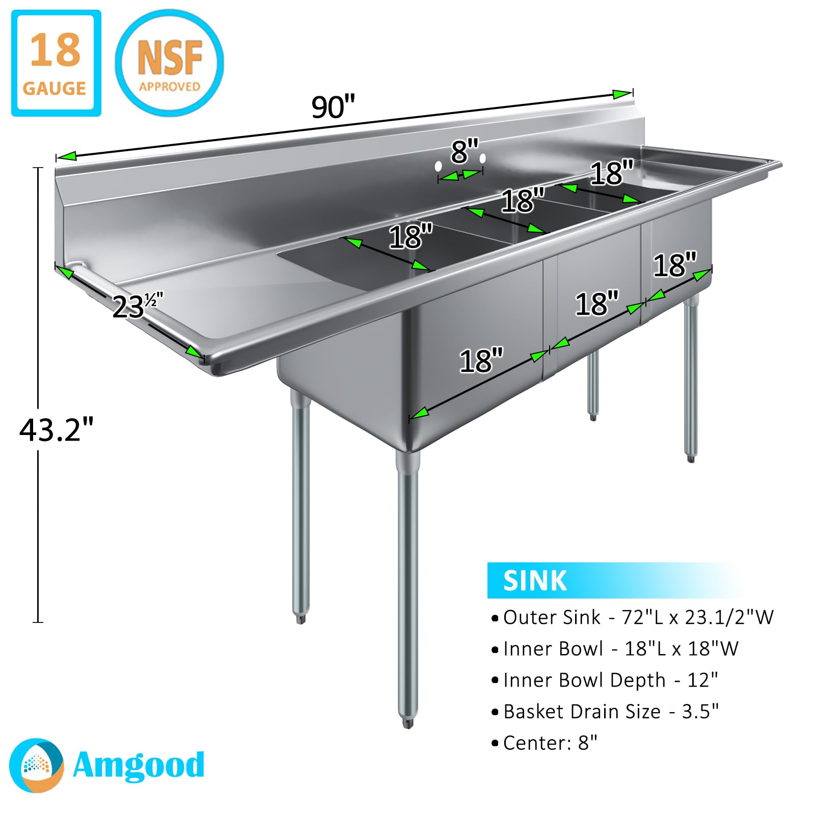 Three Compartment Stainless Steel Commercial Kitchen Prep & Utility Sink with Left and Right Drainboards | NSF | Bowl Size 18