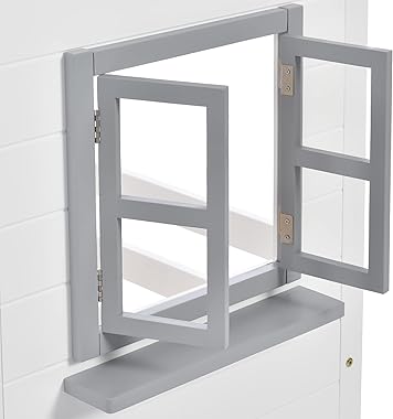 ZYLOYAL10 Etagenbett mit Handlauf und Fenster, Hausbett, Kinderbett mit Fallschutz und Gitter, Rahmen aus Holz (90x200cm) (Wh