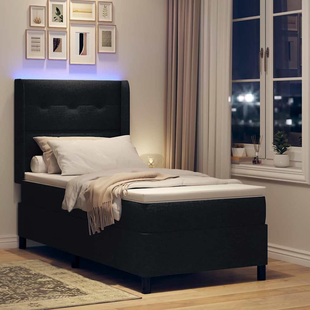 Cama con somier LED con colchón, color negro, 90 x 200 cm, tela tapizada, con somier y cabecero, tiras LED RGB, marco de madera, dormitorio moderno, espacio compacto para dormir