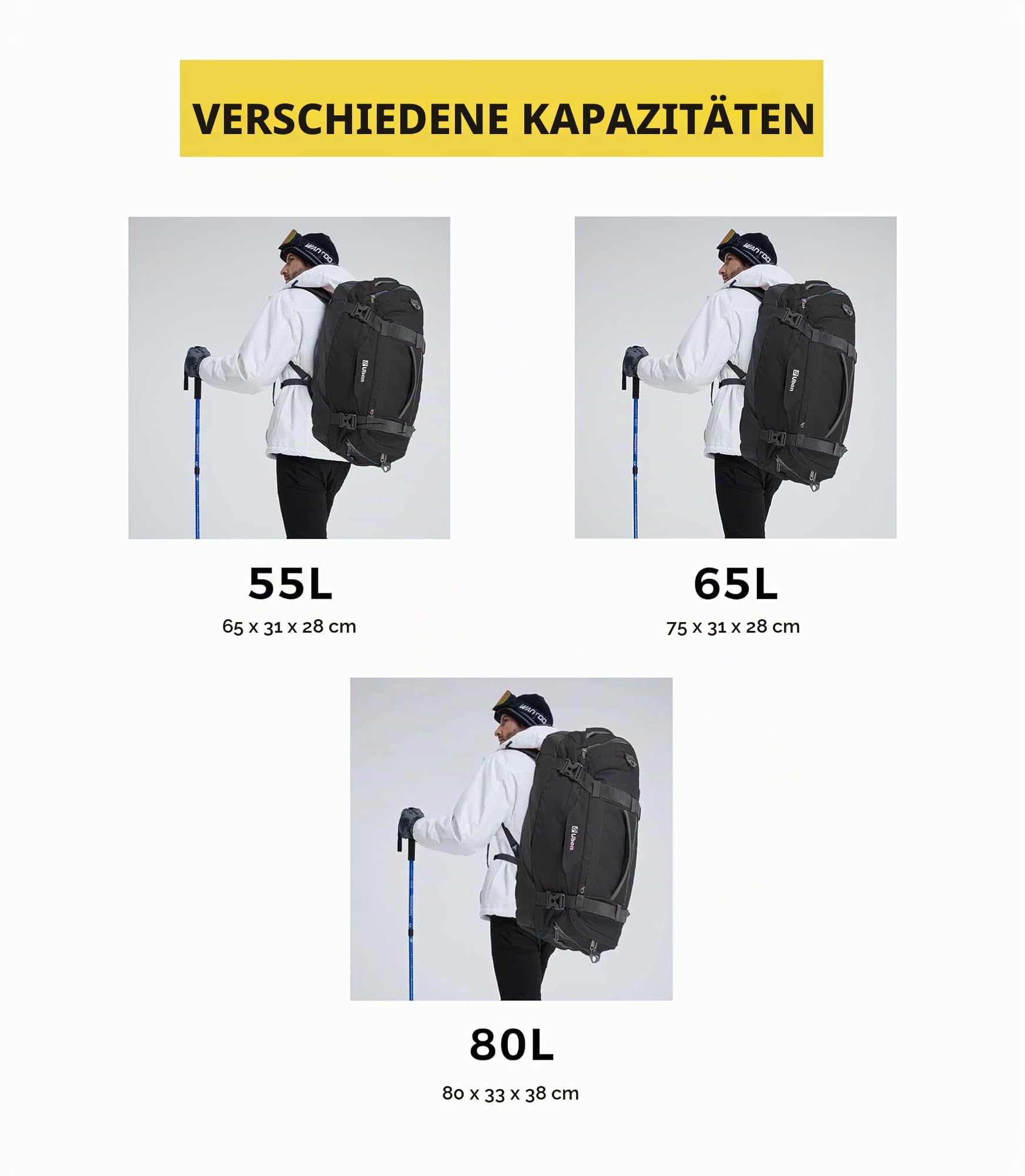 Ubon Faltbare Reisetasche Wasserdicht Sporttasche Groß mit Fach Schwarz 65L
