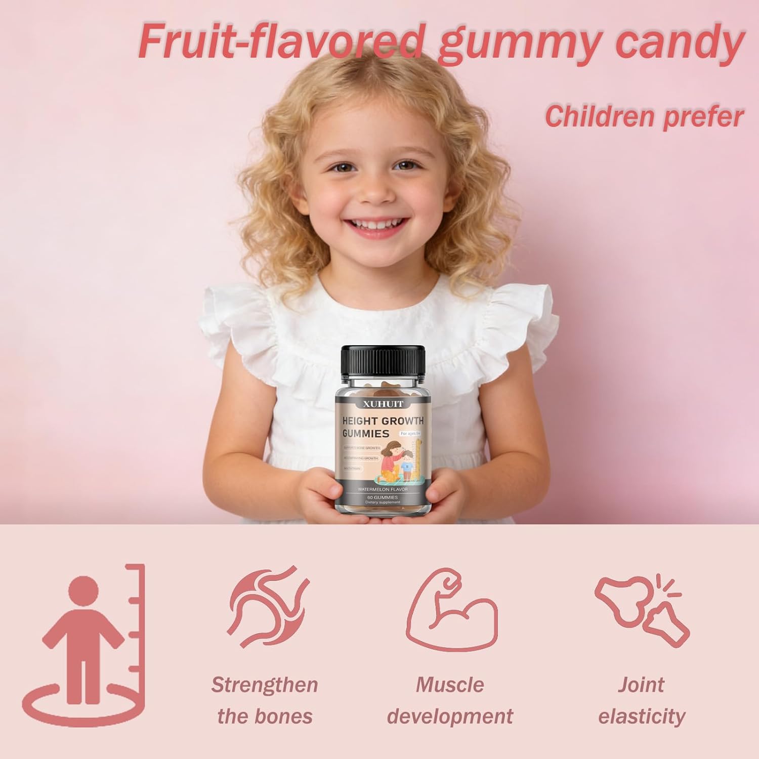 Growth Support Gummies for Kids, Teens & Adults | with Vitamin D3, K2, Calcium & Ashwagandha | Watermelon Flavor for Daily Nutrition (1)