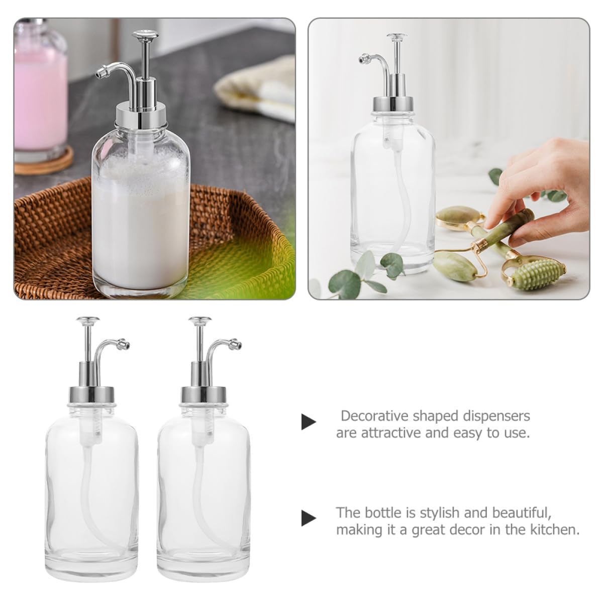 Dosatore Liquidi Cucina 2 Pezzi in Vetro e Acciaio Inossidabile 500ml per Sciroppo caffè Pompa Elegante e Design Unico per Uso Domestico