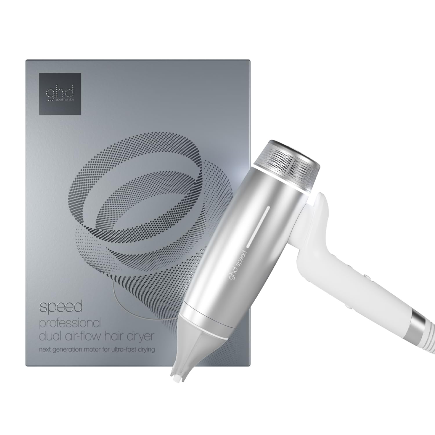 ghd Speed Ionic Hair Dryer in Silver White - Fast, Quick, Powerful Blow Dries with Control & No Heat Damage, ghd's Best Blow Dryer - for All Hair Types (UK Plug) - 1