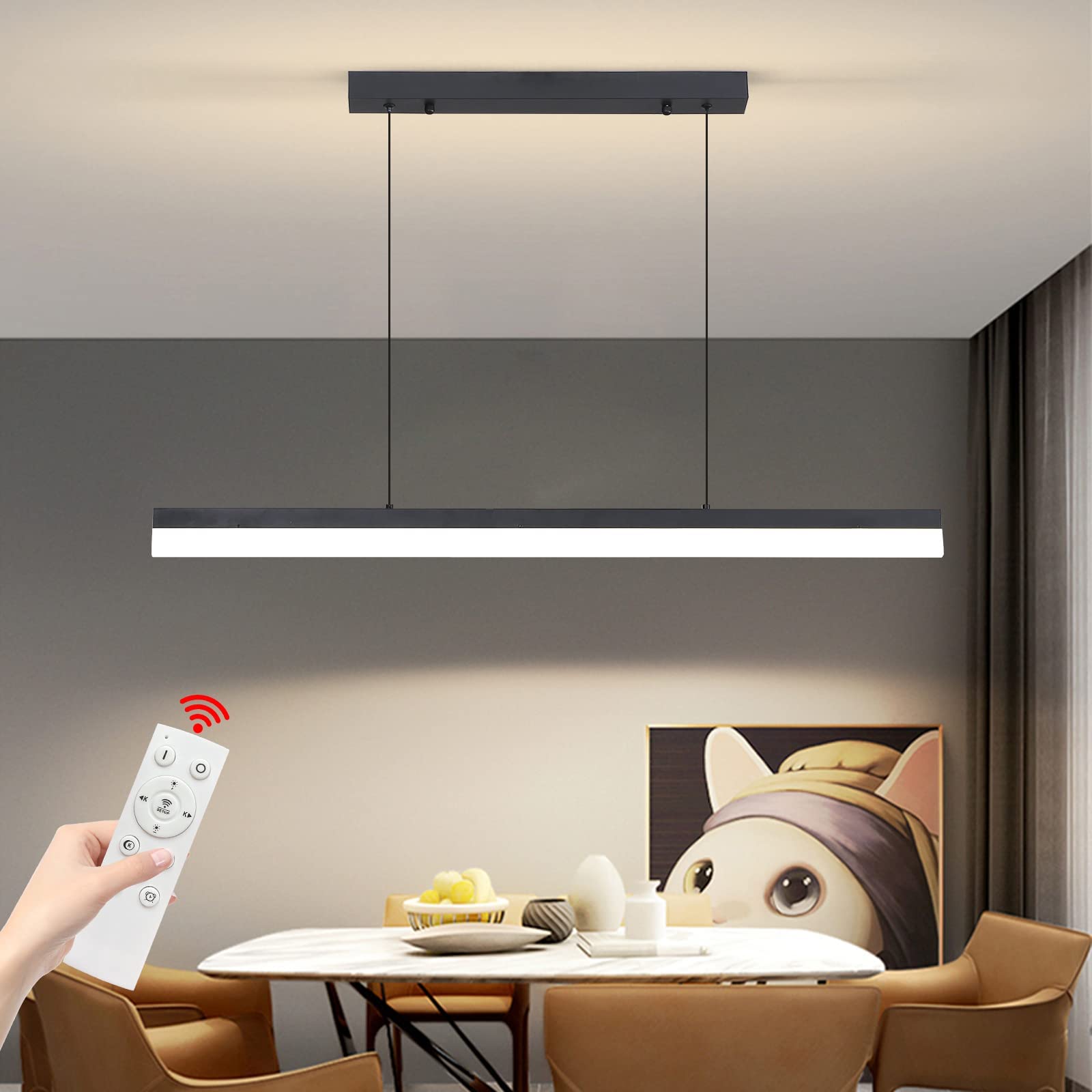 LED Linear Pendant Light, Dimmed Chandeliers for Dining Room with Remote Control, Modern Pool Table Island Lights Adjustable Ceiling Pendant Light for
