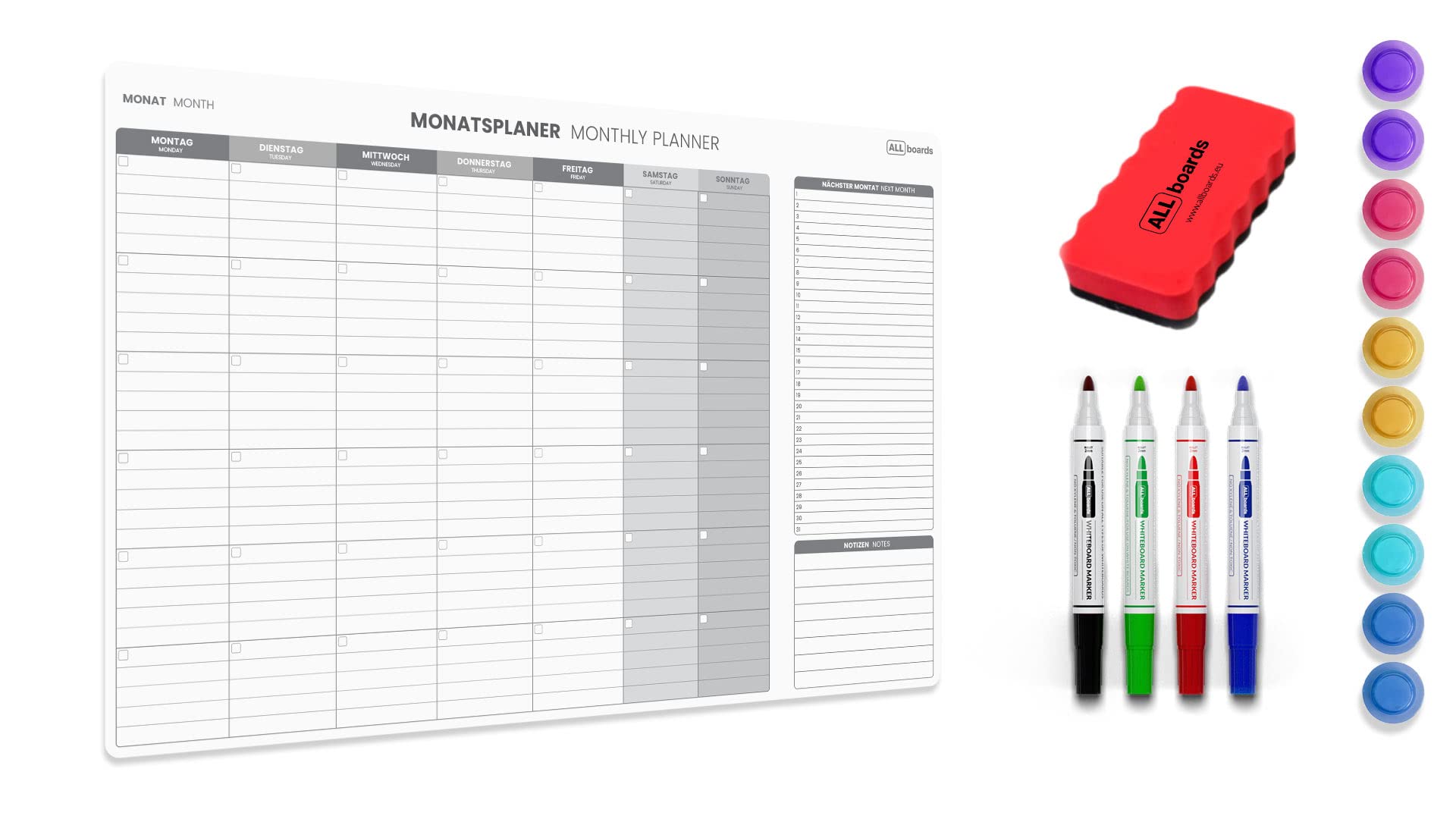 ALLboards Magnetischer Monatsplaner 90x60cm für Monatsplanungen, Wochenplaner Wandkalender Memoboard Magnettafel auf Deutsch