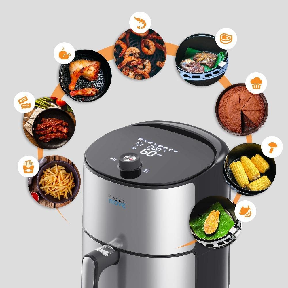 Kitchen Move Frytkownica elektryczna bezolejowa na gorące powietrze ze stali nierdzewnej 4L SIROCCO 1500W LED szybkie gotowanie ekran dotykowy LCD wielofunkcyjny z 8 programami