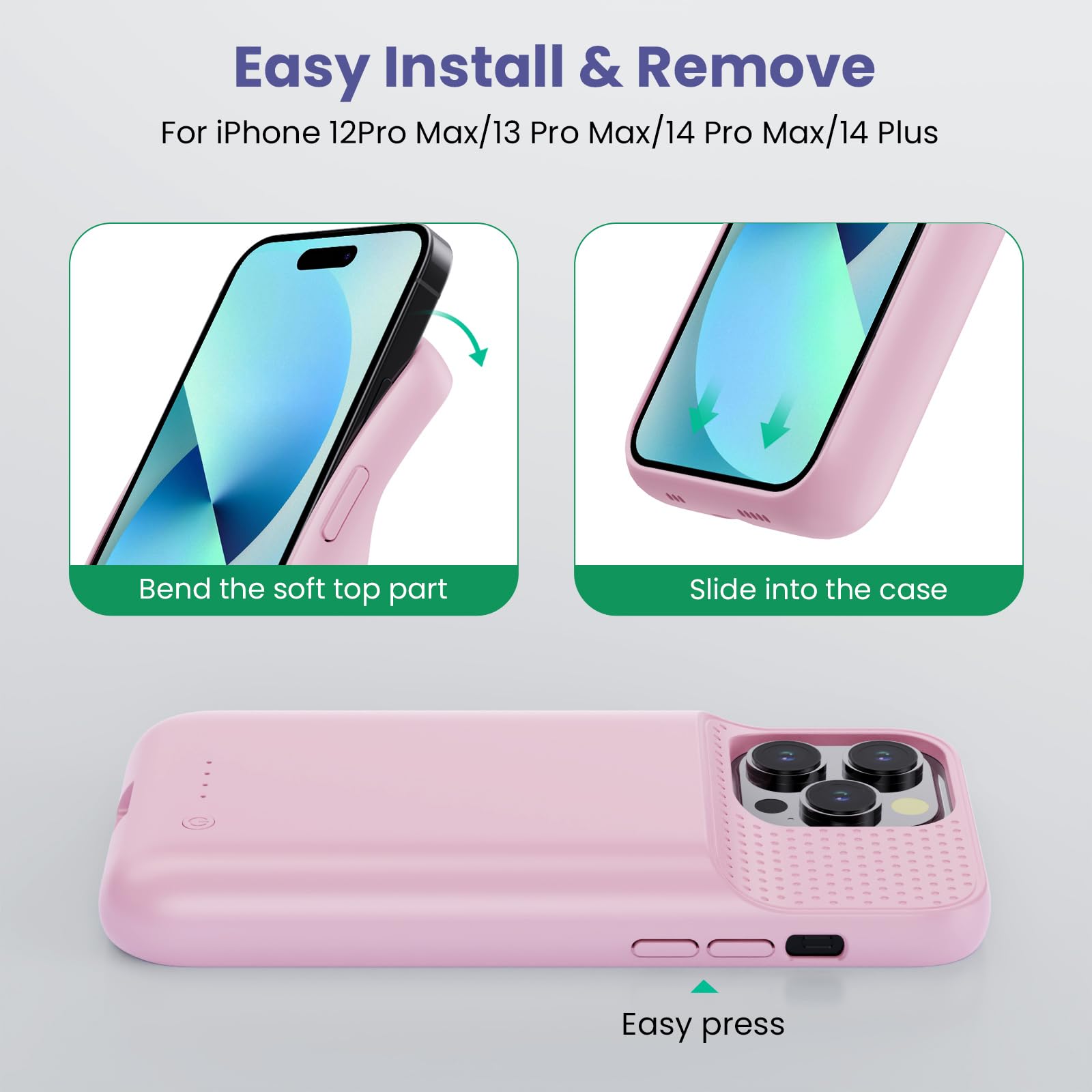 Custodia a batteria per iPhone 12 Pro Max/13 Pro Max/14 Pro Max/14 Plus, [8600 mAh] Ricaricabile Batteria Caricabatteria Portatile Custodia Potente Power Bank per iPhone Rosa