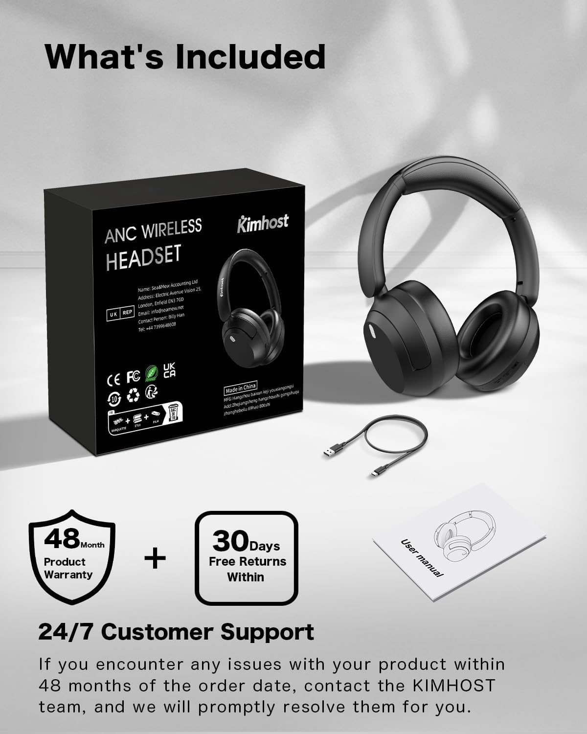 KIMHOST T30 Active Noise Cancelling Headphones, 120Hrs Playtime Bluetooth 5.3 Headphones, Multipoint, Deep Bass, Foldable, HiFi Stereo Wireless Over Ear Headphone for Travel, Office, Music, Game, Gym - Image 9