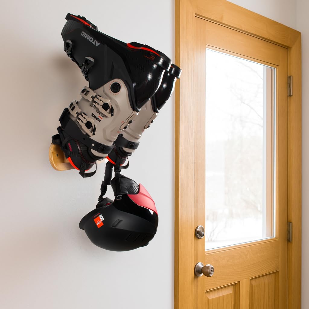 John Paddle Wandhalterung für Skischuhe & Snowboardboots – aus Birkensperrholz – nachhaltiger Holzhalter mit Haken für Helm und Skiausrüstung (1 Paar Schuhe)