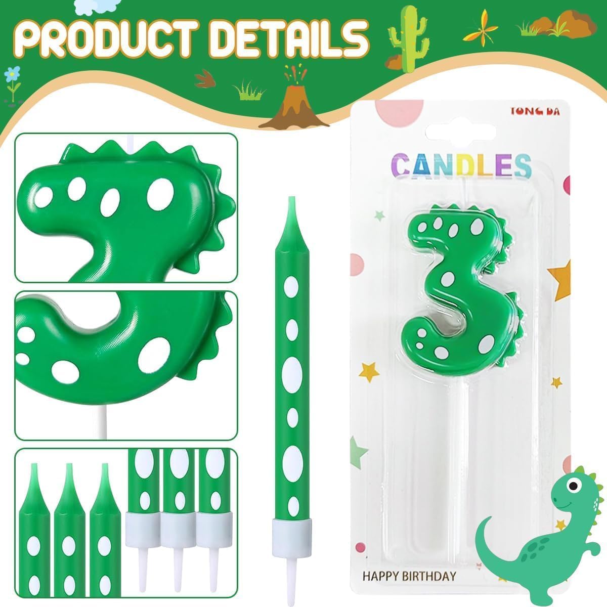 Candela Numero 2 Verde Macaron Per Torta Di Compleanno | Con Glitter E Palline Colorate | Decorazione Tema Dinosauro Per Bambini - 5
