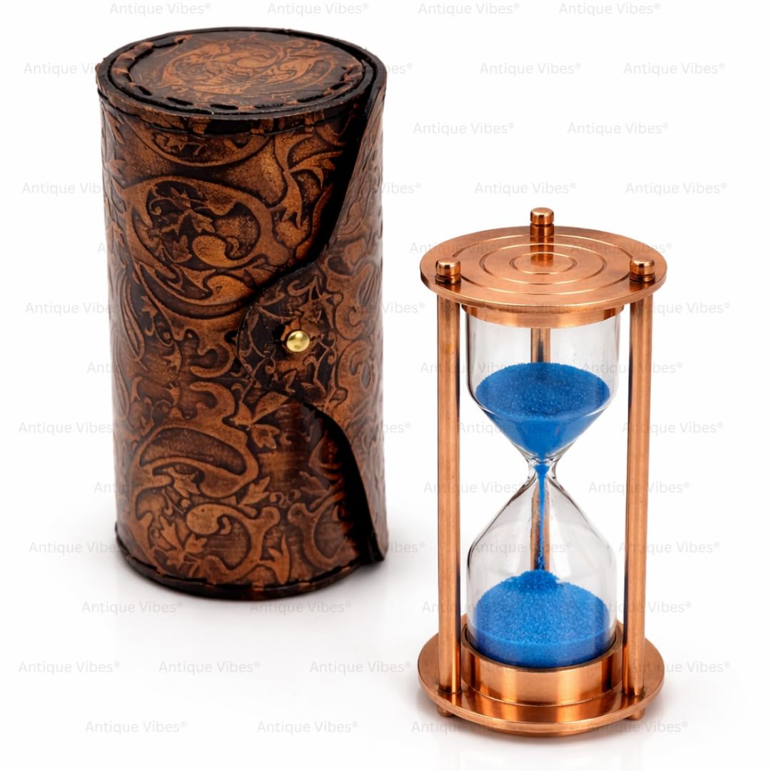 1 Minute - Handmade Brass Sand Hourglass Timer Vintage Style Maritime Glass Timer - Desk Ornament Gifts (Copper & Blue Sand)