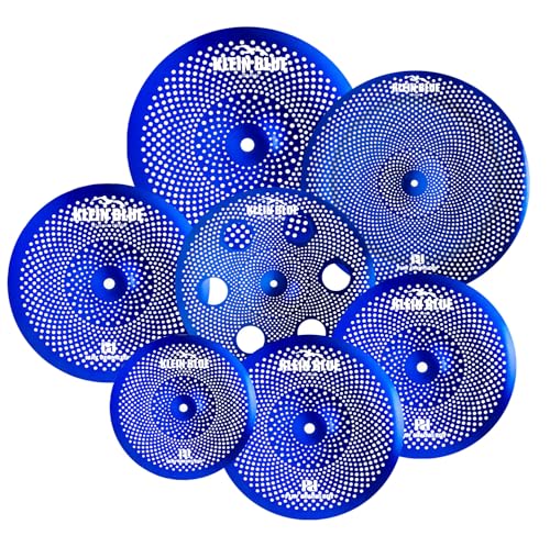 PLADRUBO 7-Piece Low-Volume Silent Cymbal Set – Blue. Includes 10″ Splash, pair of 14″ Hi-Hats, 16″ Crash, 16″ Trash Crash, 18″ China, and 20″ Ride. Noise practice and studio use-Factory Direct.