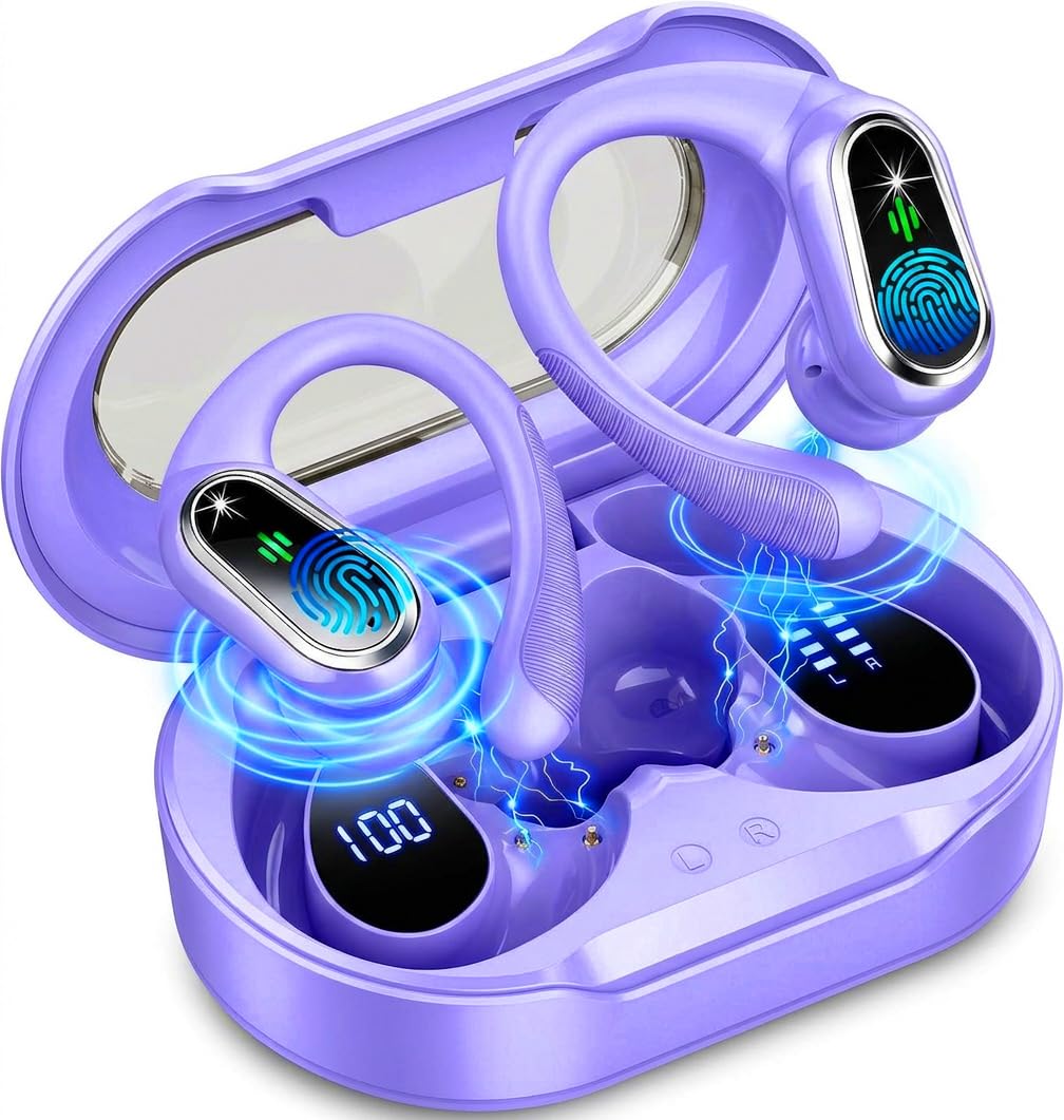 Cuffie Bluetooth Sport, Auricolari Bluetooth 5.4 con 4 ENC Mic, 50 Ore Cuffie Wireless HiFi Stereo, Auricolare Bluetooth senza fili per Running con gancio per le, IP7 impermeabili, Display LED/USB-C