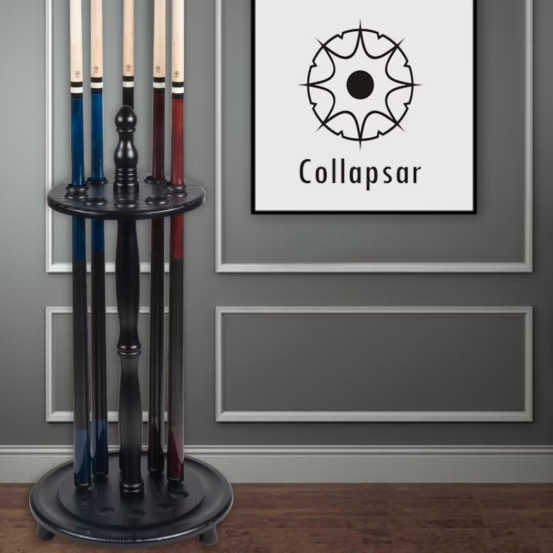 Collapsar Pool Stick Holder Floor Stand,Billiard Cue Rack Holds 10 Cues and a Full Set of Balls,Solid Wood Pool Cue Rack